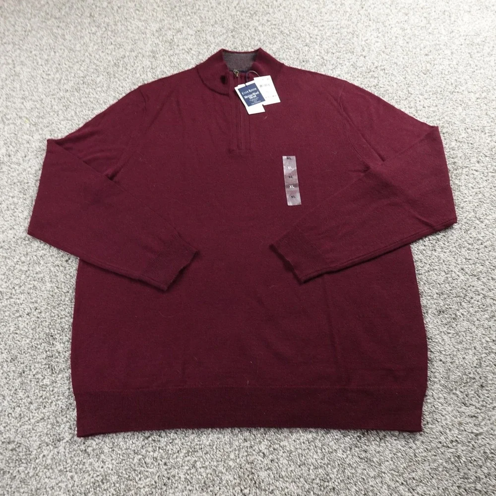 NEW Club Room Sweater Mens XL Red Burgundy Merino Wool Blend 1/4 Zip‎ Pullover